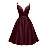 Spaghetti Straps Satin Homecoming Dresses for Teens V-Neck Short Prom Dress A-Line Beaded Cocktail Party Gowns