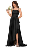 Women's Long Satin Bridesmaid Dresses Spaghetti Strap Halter Formal Evening Gown Ruffle High Low Wedding Guest Dress
