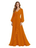 Women's Chiffon Bridesmaid Dresses Long Sleeve Ruffles V-Neck Pleated Formal Wedding Guest Dresses Mother of the bride Dress