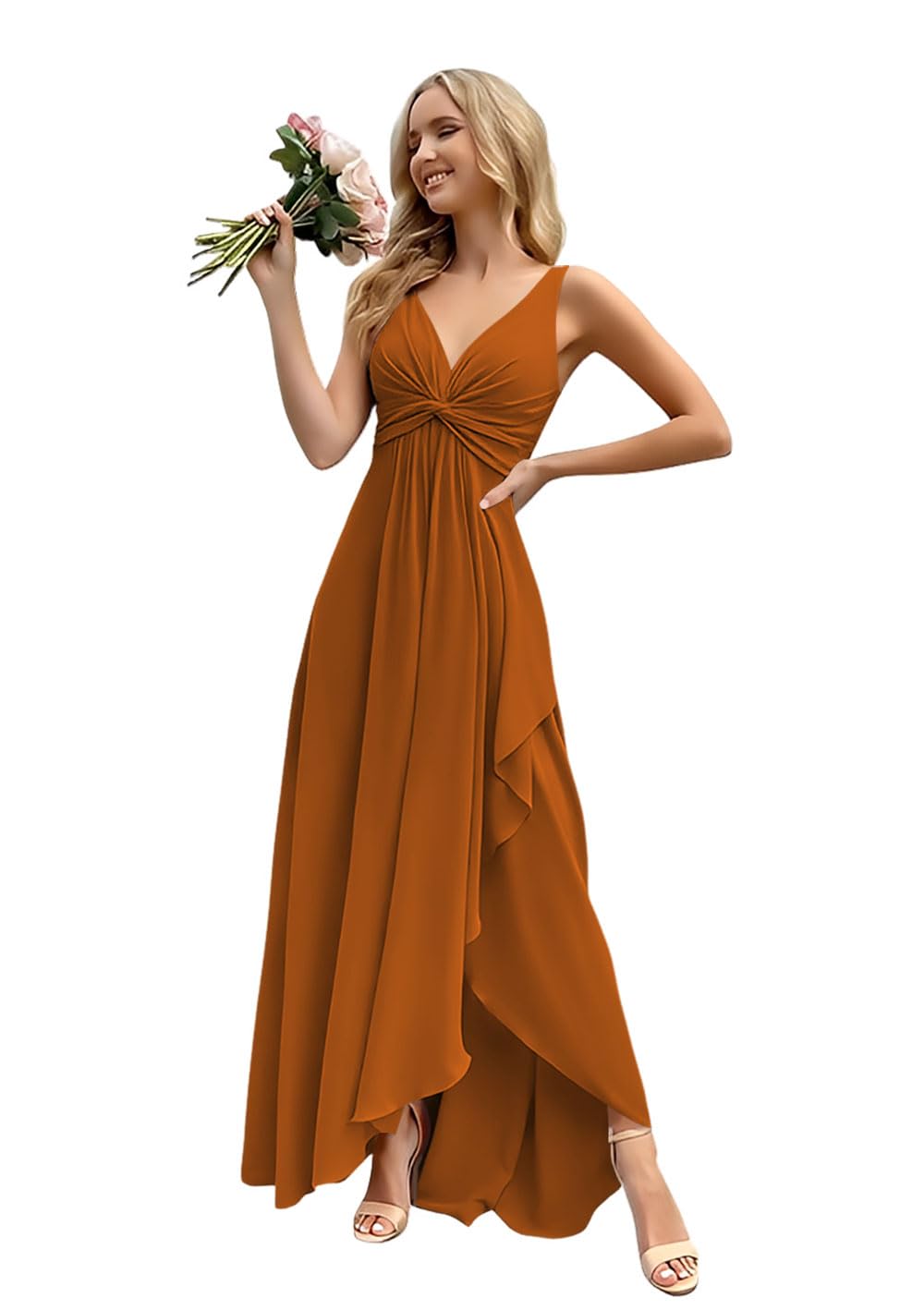 Women’s Long Bridesmaid Dresses Sleeveless V-Neck Formal Wedding Guest Chiffon Prom Gowns for Teens
