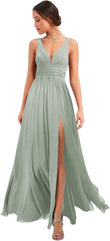Women's Deep V Neck Bridesmaid Dresses with Slit Chiffon Pleats A Line Formal Party Dresses with Pockets