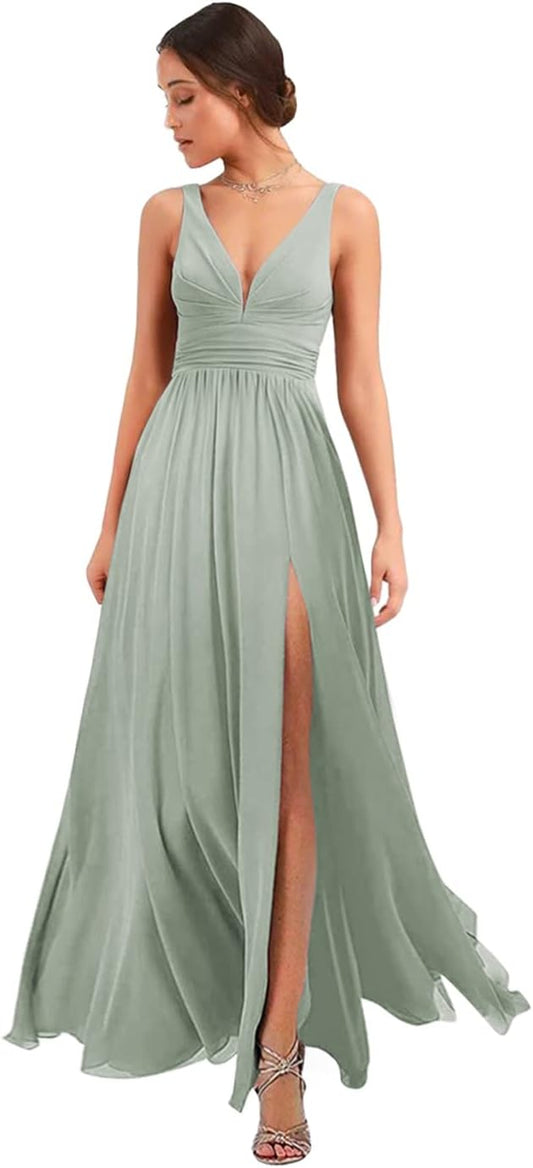 Women's Deep V Neck Bridesmaid Dresses with Slit Chiffon Pleats A Line Formal Party Dresses with Pockets