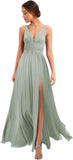 Women's Deep V Neck Bridesmaid Dresses with Slit Chiffon Pleats A Line Formal Party Dresses with Pockets