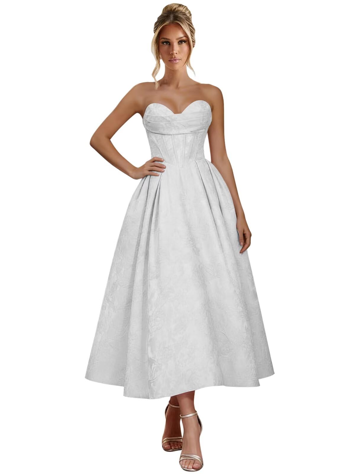 Jacquard Satin Prom Dresses for Women Strapless Tea Length Sweetheart Neck A-line Formal Party Dress with Pockets