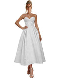 Jacquard Satin Prom Dresses for Women Strapless Tea Length Sweetheart Neck A-line Formal Party Dress with Pockets