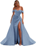 Vestidos de fiesta de satén con hombros descubiertos, corte sirena, fruncido, de noche formal, para mujer 