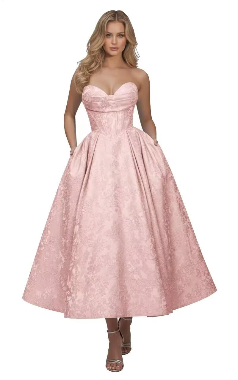 Strapless Floral Satin Prom Dresses for Women 2026 Jacquard Aline Formal Evening Party Dress with Pockets