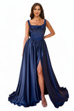 Cowl Neck Satin Prom Dresses Corset Ball Gown Long Puffy A-Line Formal Evening Gown with Slit