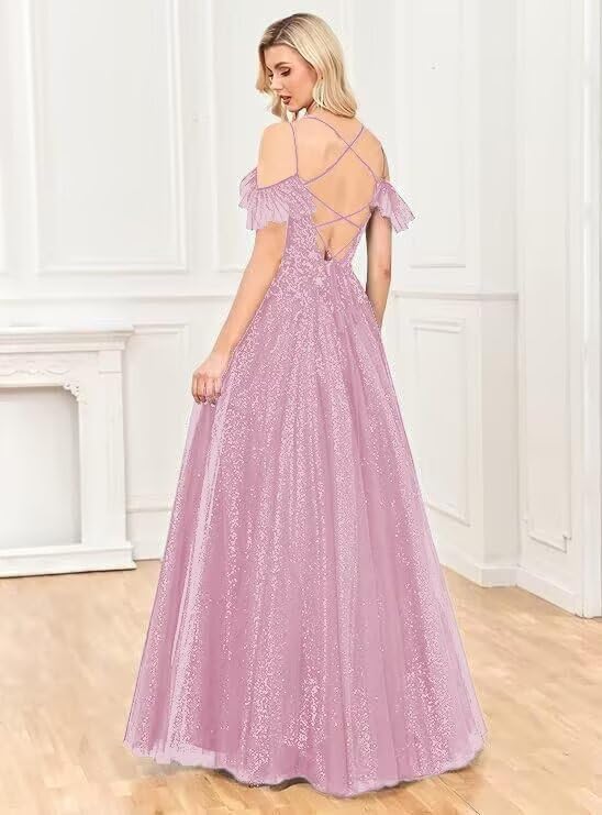 Off Shoulder Tulle Ball Gowns for Women Lace Appliques Beaded Prom Dress Sparkly Long A-line Evening Gowns