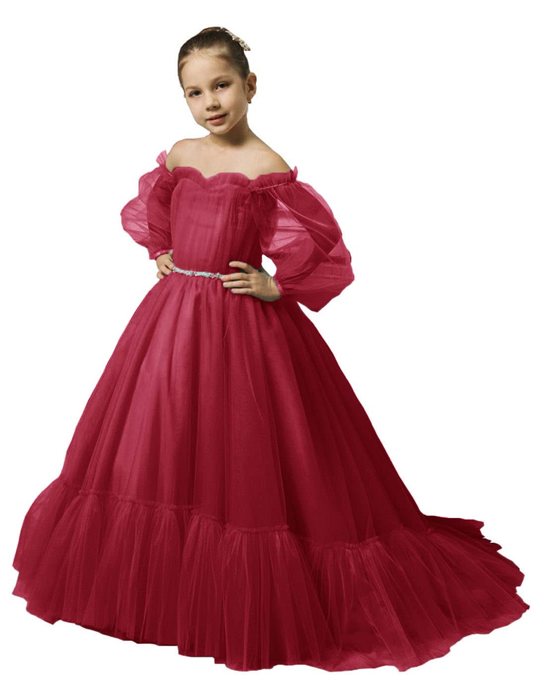 Puffy Sleeves Flower Girl Dress for Wedding Tulle Princess Pageant Dress Kids Prom Ball Gown with Belt