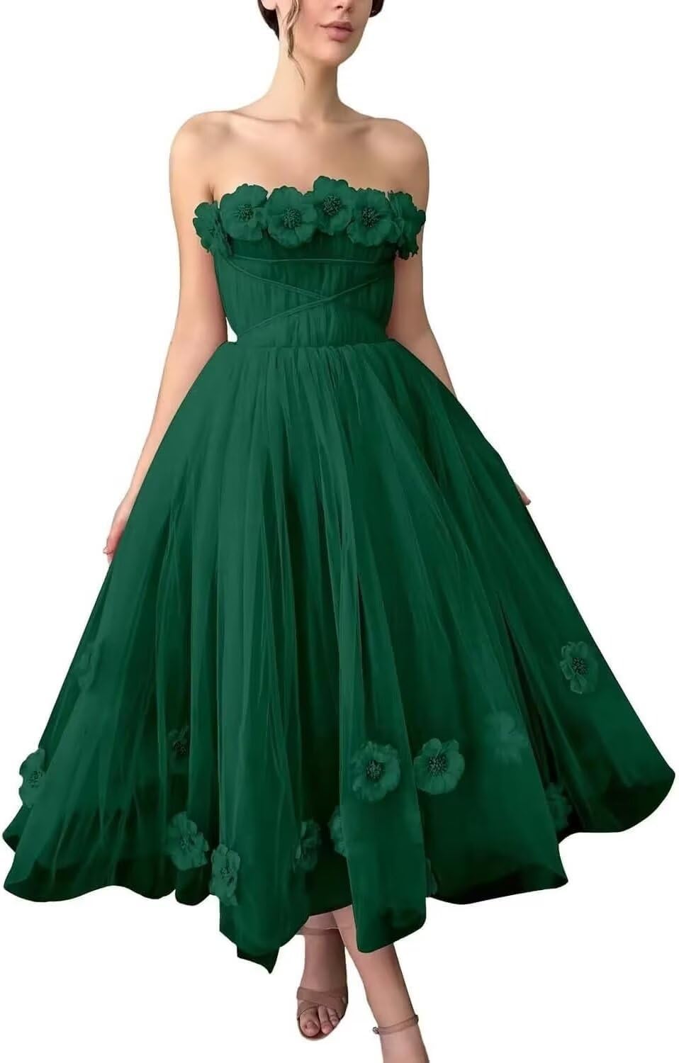 Women's 3D Flower Off Shoulder Tea Length Whimsical Prom Dress, A Line Strapless Tulle Formal Evening Party Gown