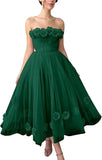 Women's 3D Flower Off Shoulder Tea Length Whimsical Prom Dress, A Line Strapless Tulle Formal Evening Party Gown