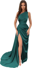 Vestidos de dama de honor largos con un hombro al descubierto y pliegues de satén estilo sirena para fiesta de boda formal 