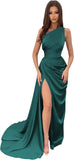 Vestidos de dama de honor largos con un hombro al descubierto y pliegues de satén estilo sirena para fiesta de boda formal 