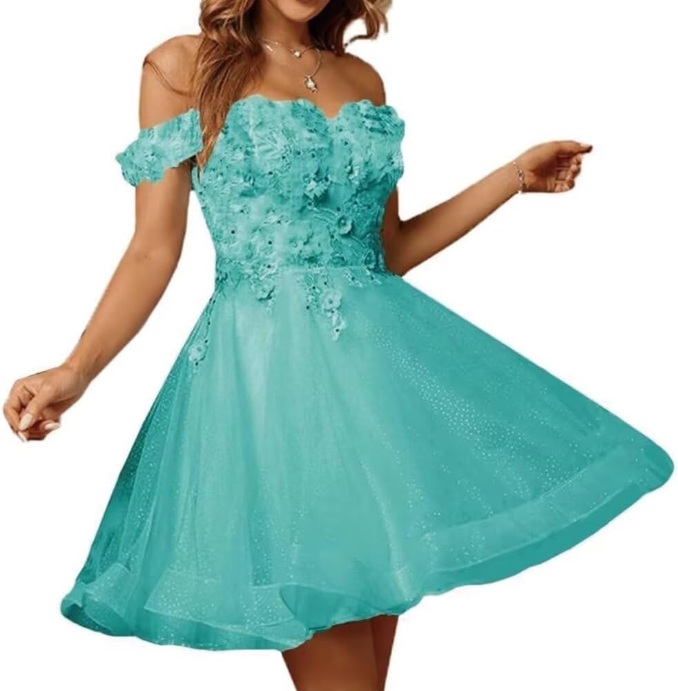 Sparkly Tulle Homecoming Dresses for Teens 2027 3D Flowers Cocktail Gowns Off Shoulder Short Prom Dresses