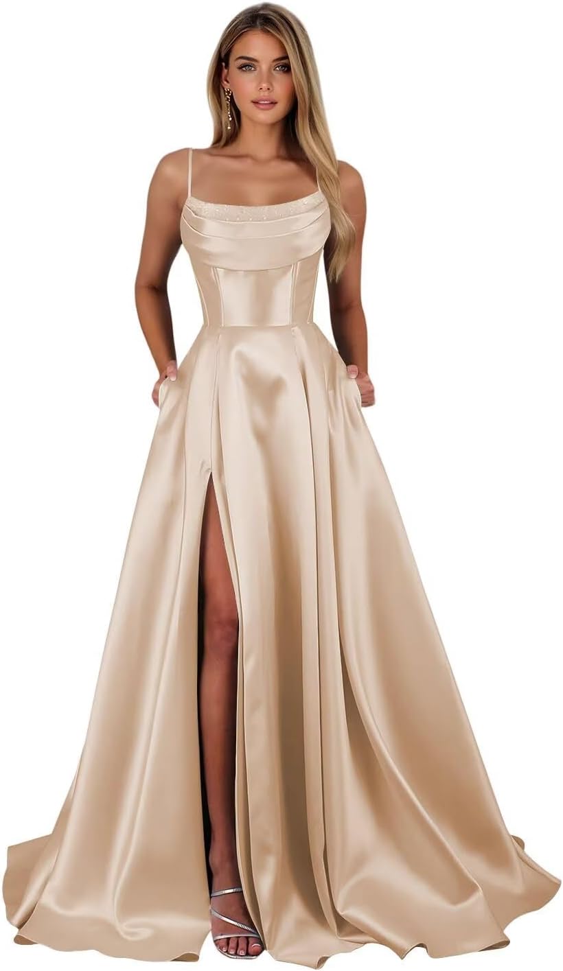 Satin Prom Dresses for Teens Long A-Line Cowl Neck Formal Evening Gown with Slit 2026 Maxi Ball Gowns