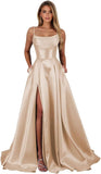 Satin Prom Dresses for Teens Long A-Line Cowl Neck Formal Evening Gown with Slit 2026 Maxi Ball Gowns