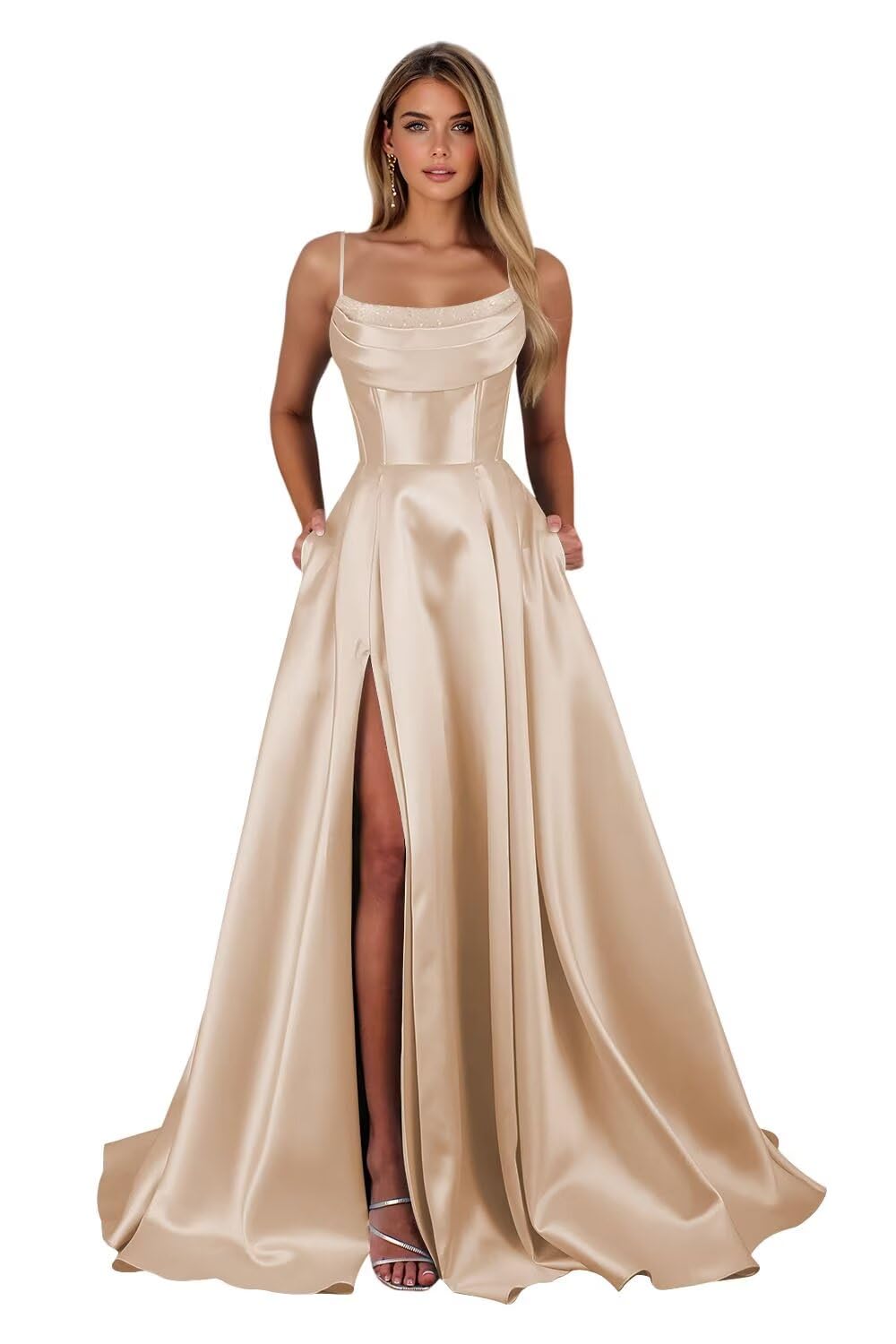 Satin Prom Dresses for Teens Long A-Line Cowl Neck Formal Evening Gown with Slit 2026 Maxi Ball Gowns