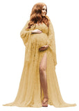 Women's Lace Maternity Dress for Photoshoot Long Puffy Sleeves V Neck Boho Pregnancy Gown for Baby Shower with Slit