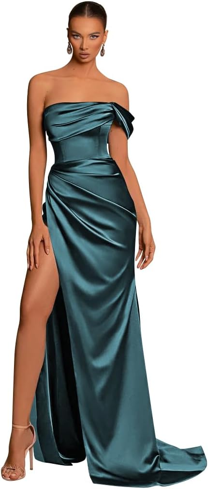 One Shoulder Mermaid Bridesmaid Dresses with Slit 2025 Pleats Satin Formal Evening Gowns for Women