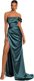 One Shoulder Mermaid Bridesmaid Dresses with Slit 2025 Pleats Satin Formal Evening Gowns for Women