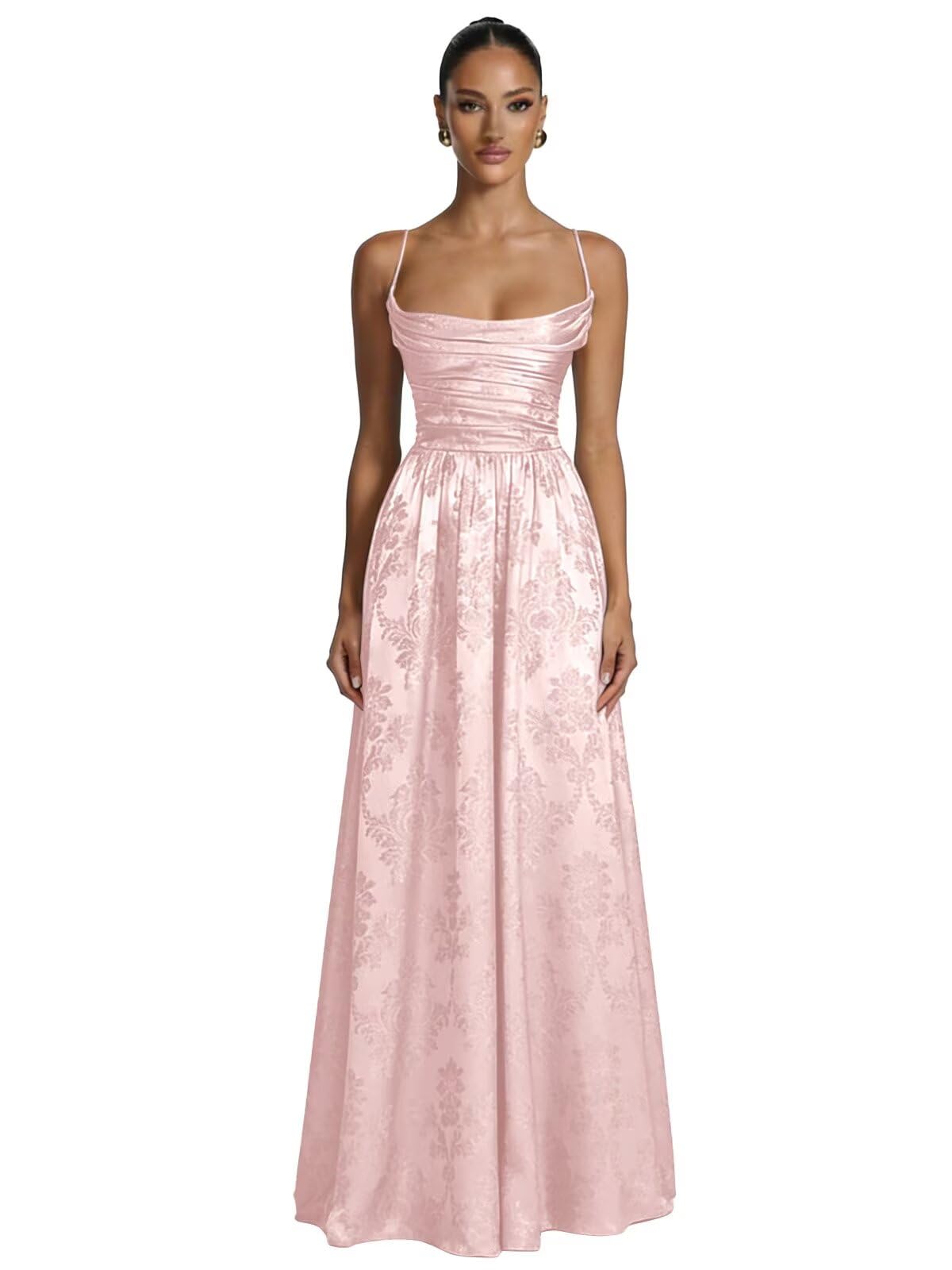 Floral Jacquard Prom Dresses for Women Spaghetti Straps A Line Satin Cowl Neck Formal Evening Party Dress