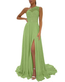 One Shoulder Chiffon Bridesmaid Dresses for Wedding 2026 Lace A-Line Slit Formal Evening Party Gown with Pockets
