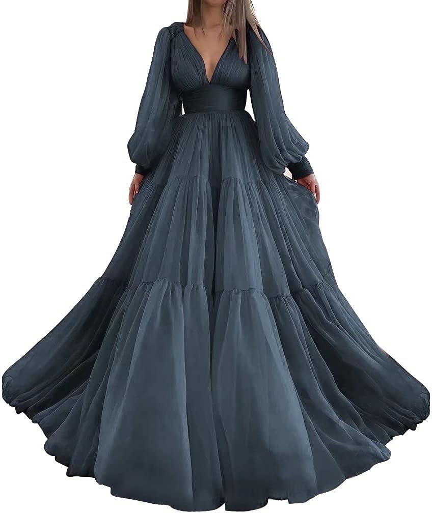 Langes Ballkleid mit Puffärmeln, Tüll, Ballkleid für Damen, Brautkleider, V-Ausschnitt, formelle Abendkleider