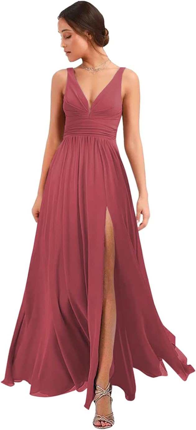 Women's Deep V Neck Bridesmaid Dresses with Slit Chiffon Pleats A Line Formal Party Dresses with Pockets