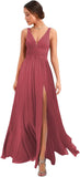 Women's Deep V Neck Bridesmaid Dresses with Slit Chiffon Pleats A Line Formal Party Dresses with Pockets