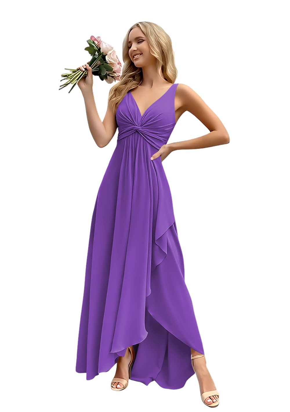 Women’s Long Bridesmaid Dresses Sleeveless V-Neck Formal Wedding Guest Chiffon Prom Gowns for Teens