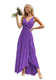 Women’s Long Bridesmaid Dresses Sleeveless V-Neck Formal Wedding Guest Chiffon Prom Gowns for Teens