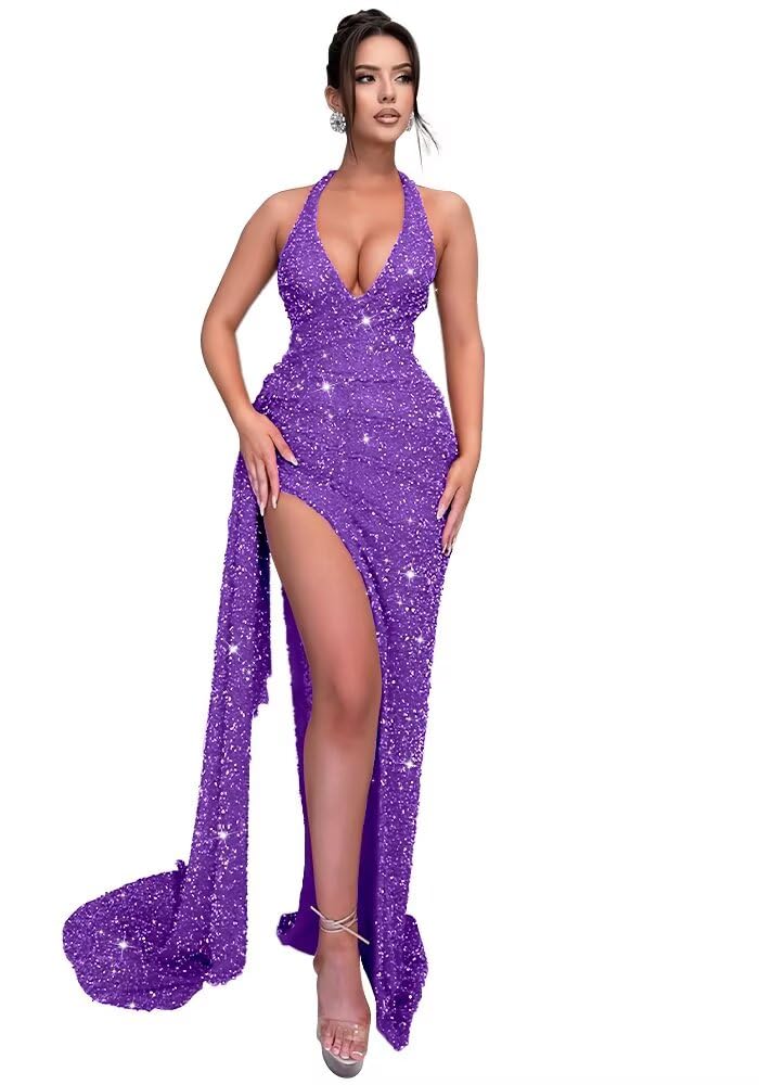 Sparkly Sequin Halter Prom Dresses for Women Mermaid Formal Dress with Slit Backless Ruched Evening Party Gowns