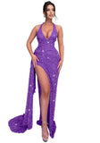 Sparkly Sequin Halter Prom Dresses for Women Mermaid Formal Dress with Slit Backless Ruched Evening Party Gowns