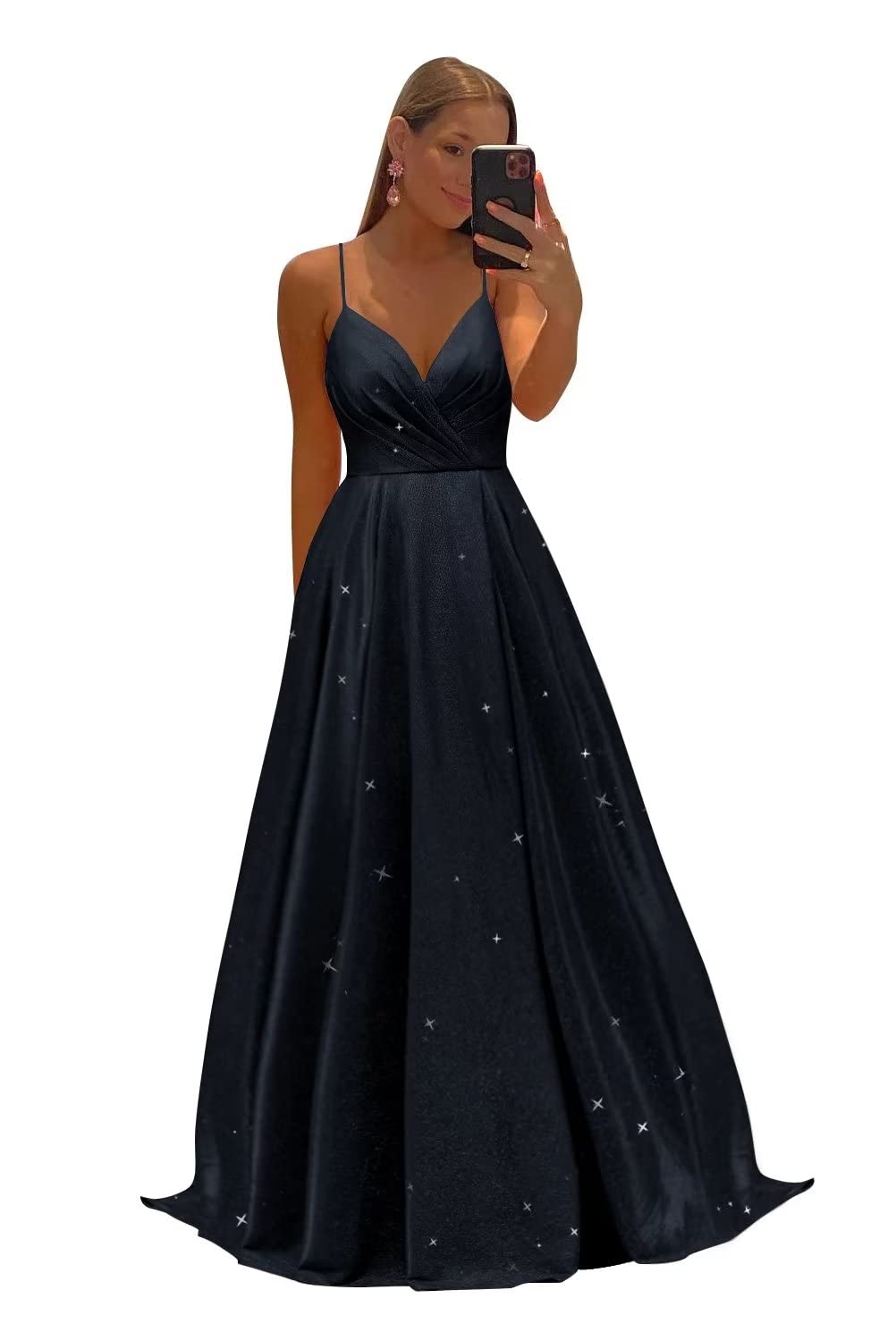 Women's Spaghetti Straps Prom Dresses Long V-Neck Sparkling Bridesmaid Dresses Formal Evening Gowns with High Slit