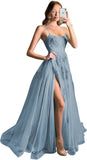 Women's Lace Criss-Cross Prom Dresses with Slit Spaghetti Straps Long Formal Evening Gowns