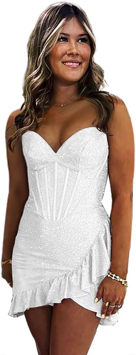 Sequin Homecoming Dresses 2027 Strapless Corset Ruffle Mermaid Short Prom Cocktail Dress