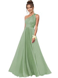 One Shoulder Bridesmaid Dresses for Women Chiffon A Line Pleated Long Formal Gowns with Pockets