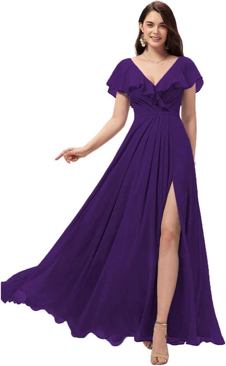 Vestidos de dama de honor largos con escote en V y volantes de gasa para mujer, vestidos de noche formales
