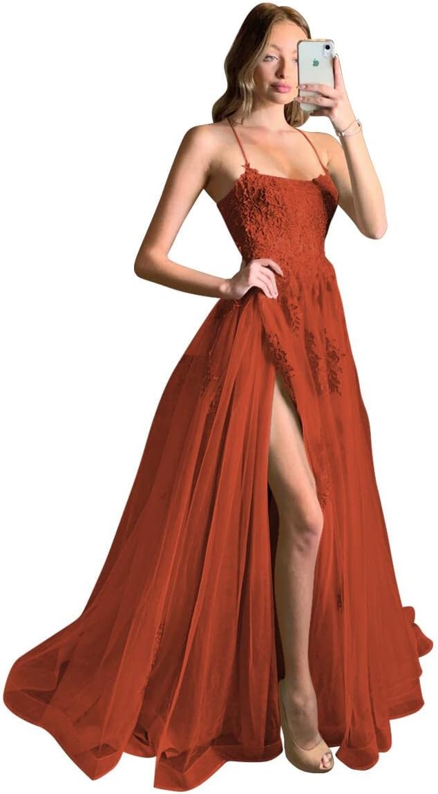Women's Lace Criss-Cross Prom Dresses with Slit Spaghetti Straps Long Formal Evening Gowns