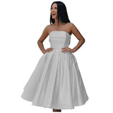 Tea Length Satin Cocktail Party Dresses for Women, Strapless Formal Evening Prom Gown Homecoming Graduation Dresses