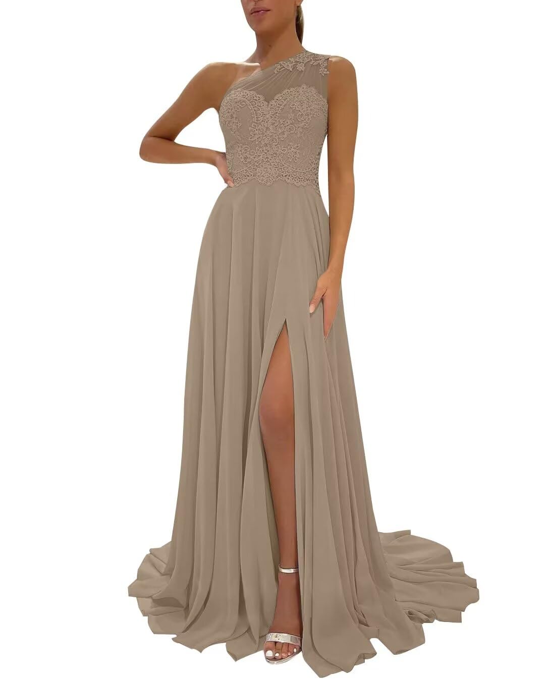 One Shoulder Chiffon Bridesmaid Dresses for Wedding 2026 Lace A-Line Slit Formal Evening Party Gown with Pockets
