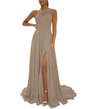 One Shoulder Chiffon Bridesmaid Dresses for Wedding 2026 Lace A-Line Slit Formal Evening Party Gown with Pockets
