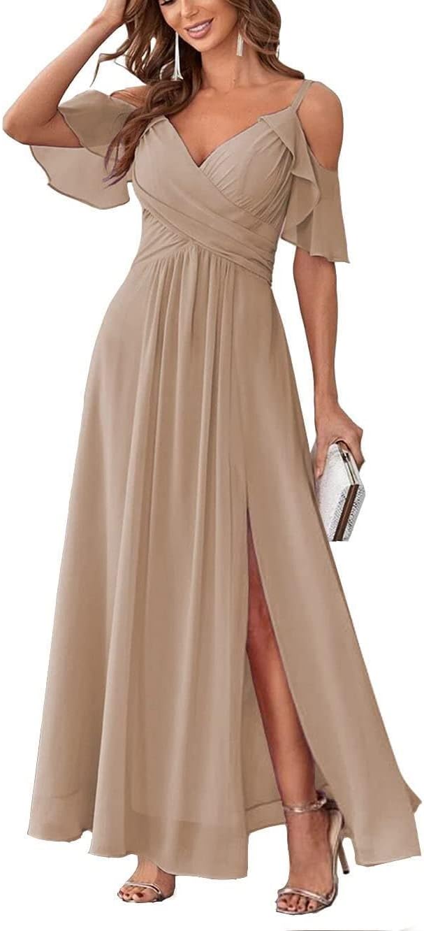 Women's Cold Shoulder Bridesmaid Dresses Long Summer Side Slit Chiffon Formal Evening Gown with Pockets
