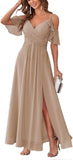 Women's Cold Shoulder Bridesmaid Dresses Long Summer Side Slit Chiffon Formal Evening Gown with Pockets