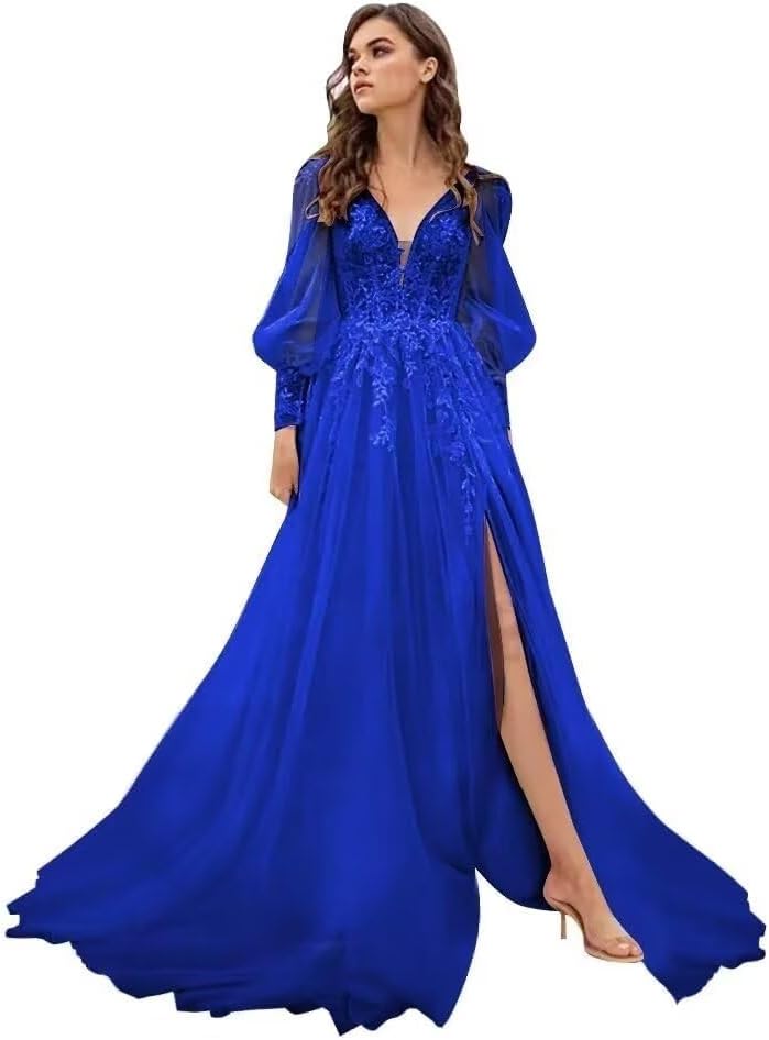 Long Sleeve Tulle Prom Evening Dresses Long Lace Applique A Line Ball Gown 2027