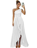 One Shoulder Bridesmaid Dresses for Women Satin Pleated Long A Line Formal Prom Evening Party Dress with Slit