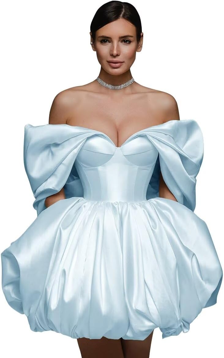 Off The Shoulder Short Wedding Dresses for Bride Puffy Satin Bridal Dresses w/Pockets Strapless Formal Ball Gowns