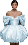 Off The Shoulder Short Wedding Dresses for Bride Puffy Satin Bridal Dresses w/Pockets Strapless Formal Ball Gowns