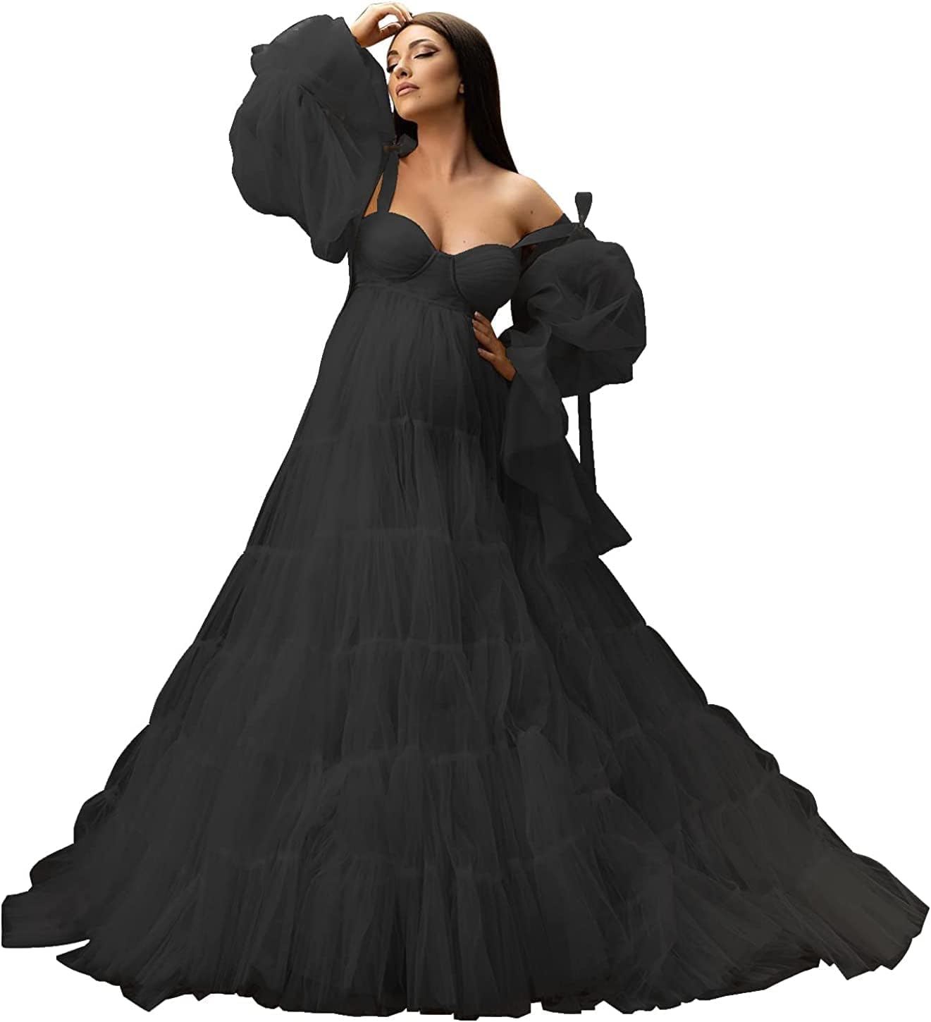 Womens Tulle Robe Maternity Dress for Photoshoot Off Shoulder Bridal Lingerie Maternity Gowns for Babyshower